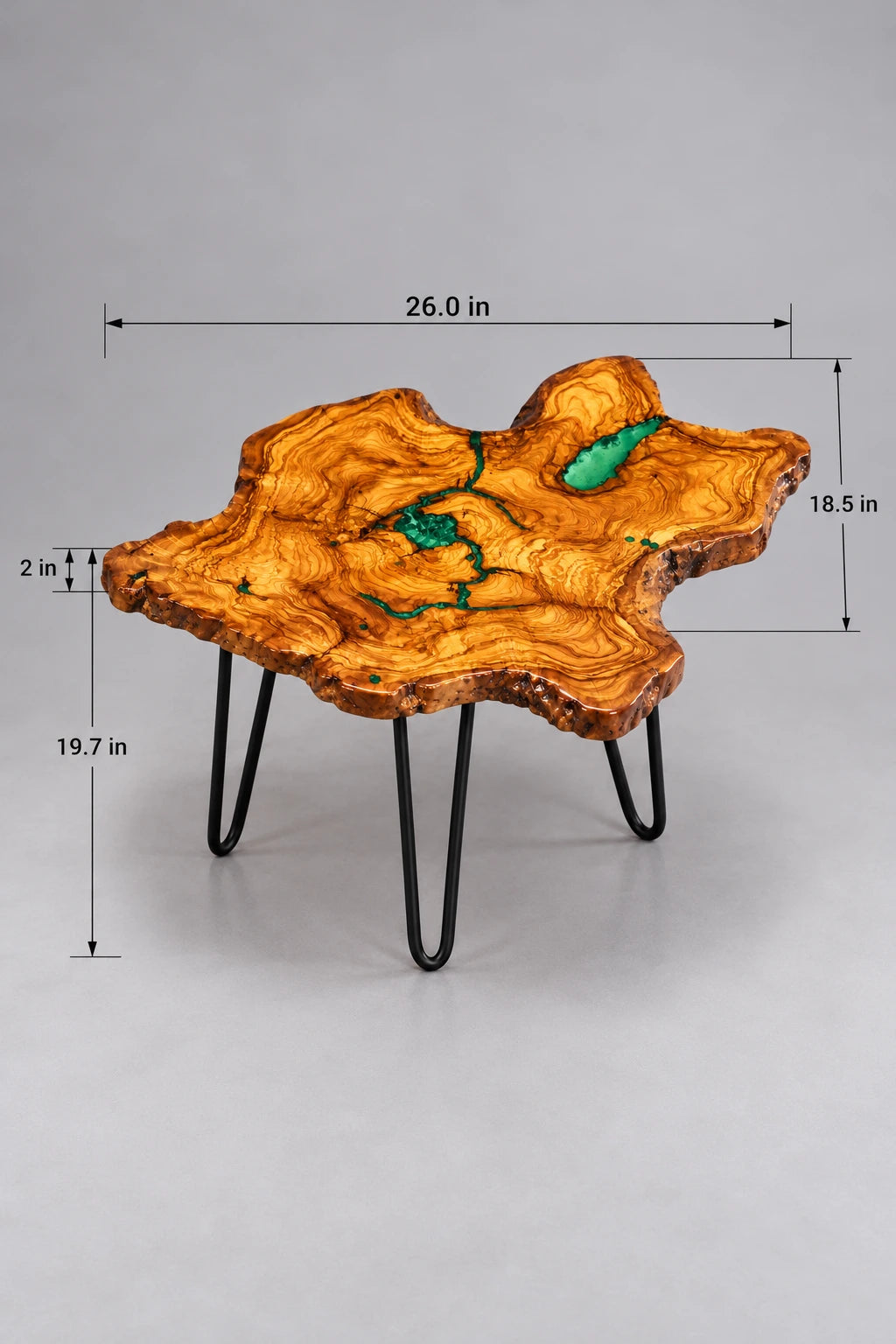 AI-styled view of Zitun Atelier table 075, an olive wood resin small coffee table with turquoise resin veins, on a light background with measurement annotations.