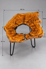 AI-styled view of Zitun Atelier table 076, an olive wood resin side table with white resin center, on a light background with measurement annotations.