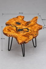 AI-styled view of Zitun Atelier table 078, an olive wood resin small coffee table with black resin veins, on a light background with measurement annotations.