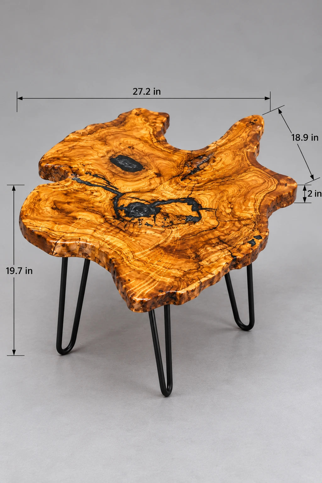 AI-styled view of Zitun Atelier table 078, an olive wood resin small coffee table with black resin veins, on a light background with measurement annotations.