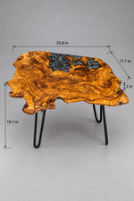 AI-styled view of Zitun Atelier table 080, an olive wood resin side table with black floral resin, on a light background with measurement annotations.