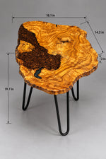 AI-styled view of Zitun Atelier table 081, an olive wood resin side table with coffee bean resin, on a light background with measurement annotations.