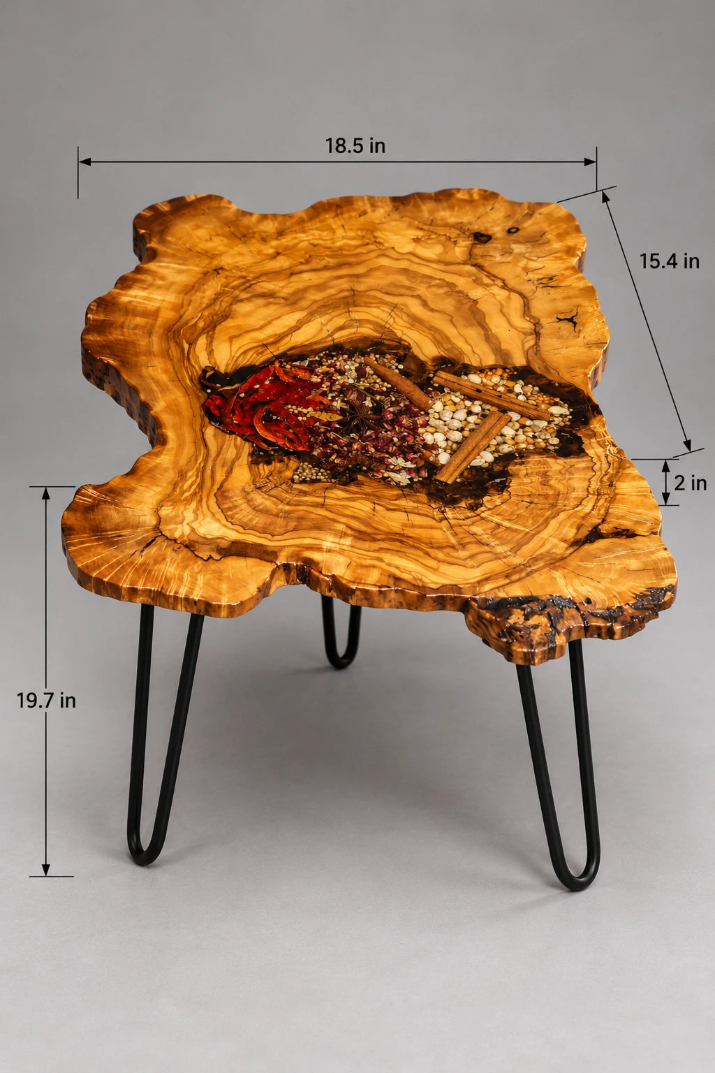 AI-styled view of Zitun Atelier table 082, an olive wood resin side table with red chili spice resin, on a light background with measurement annotations.