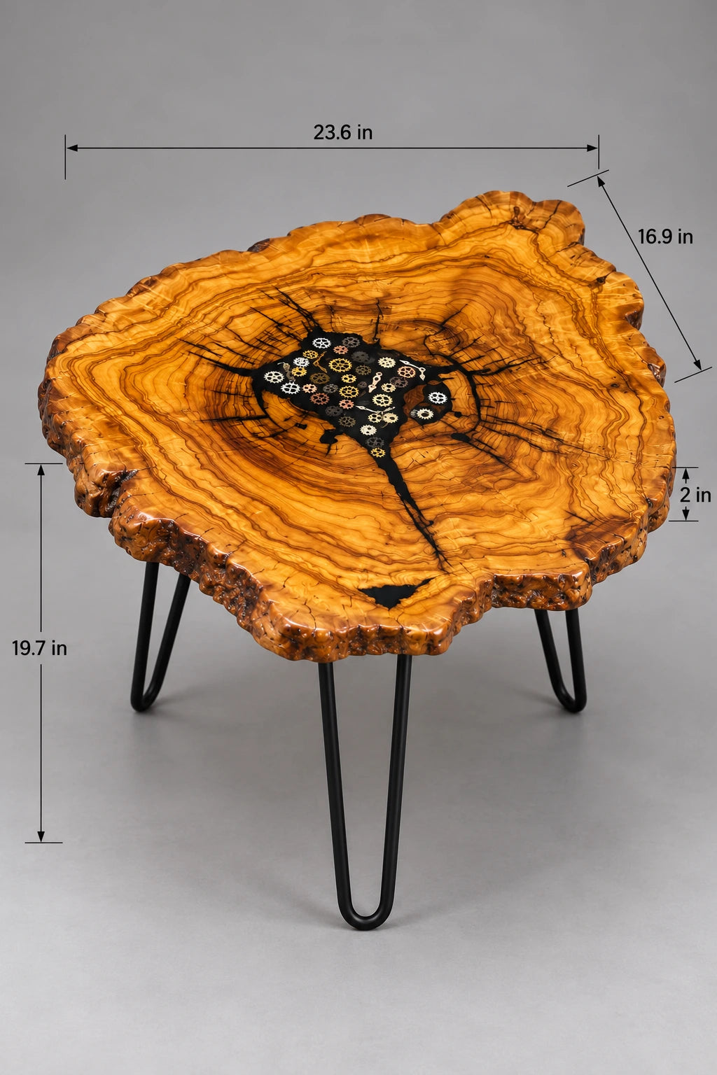 AI-styled view of Zitun Atelier table 083, an olive wood resin side table with black resin steampunk gears, on a light background with measurement annotations.