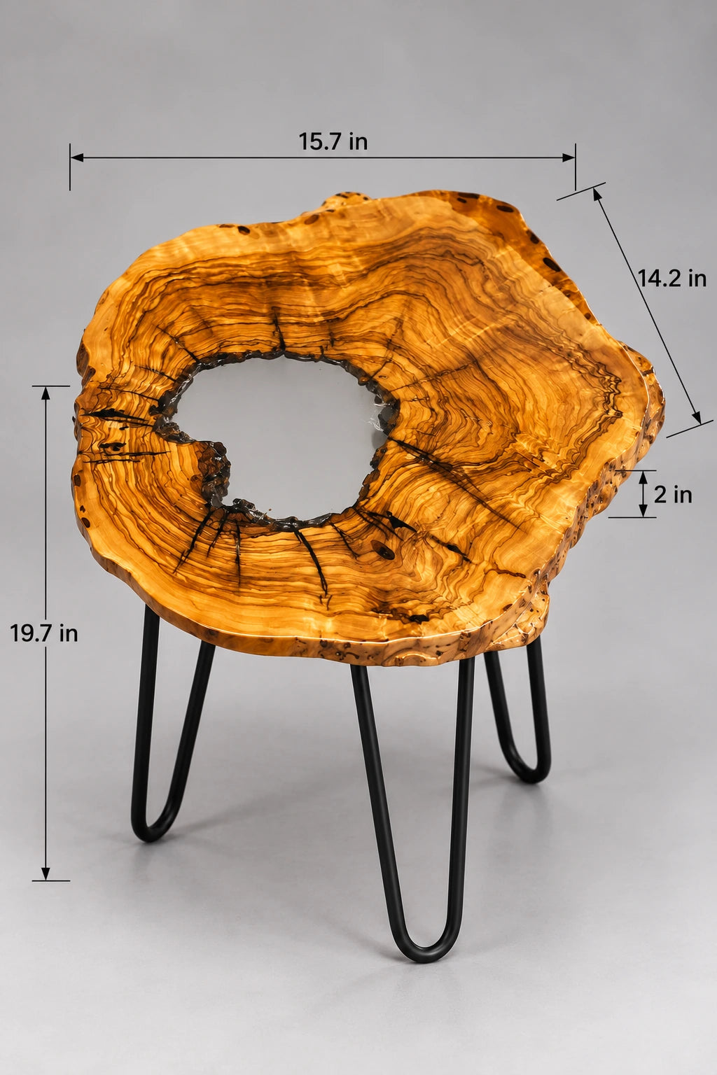 AI-styled view of Zitun Atelier table 084, an olive wood resin side table with white resin center, on a light background with measurement annotations.
