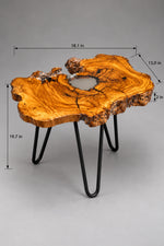 AI-styled view of Zitun Atelier table 085, an olive wood resin side table with white resin live edge, on a light background with measurement annotations.