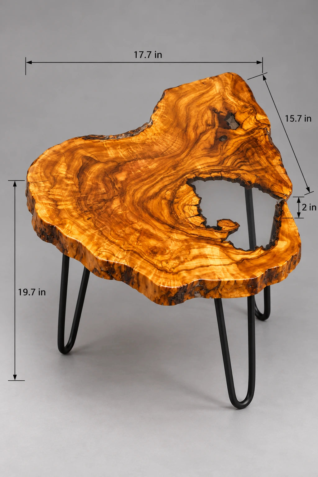 AI-styled view of Zitun Atelier table 086, an olive wood resin side table with white resin live edge, on a light background with measurement annotations.