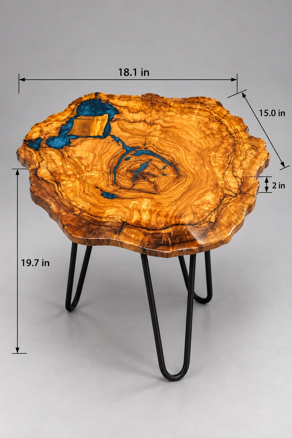 AI-styled view of Zitun Atelier table 087, an olive wood resin side table with blue grey resin veins, on a light background with measurement annotations.