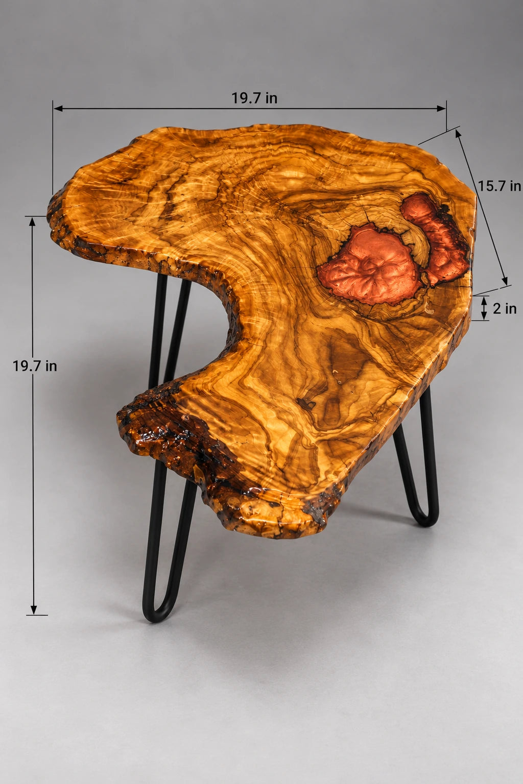 AI-styled view of Zitun Atelier table 088, an olive wood resin side table with copper resin inlay, on a light background with measurement annotations.