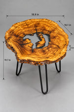 AI-styled view of Zitun Atelier table 089, an olive wood resin side table with white resin center, on a light background with measurement annotations.