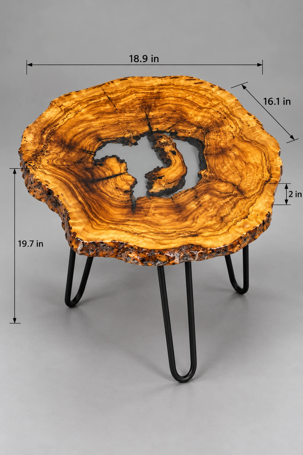 AI-styled view of Zitun Atelier table 089, an olive wood resin side table with white resin center, on a light background with measurement annotations.