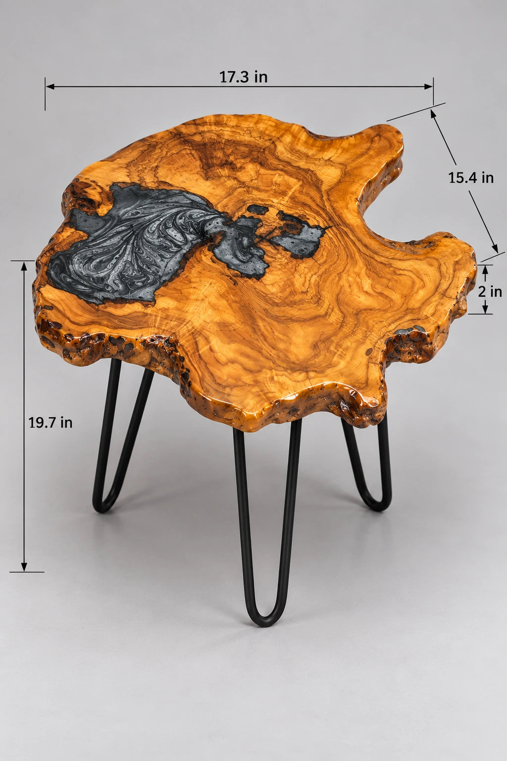 AI-styled view of Zitun Atelier table 091, an olive wood resin side table with black marble resin, on a light background with measurement annotations.