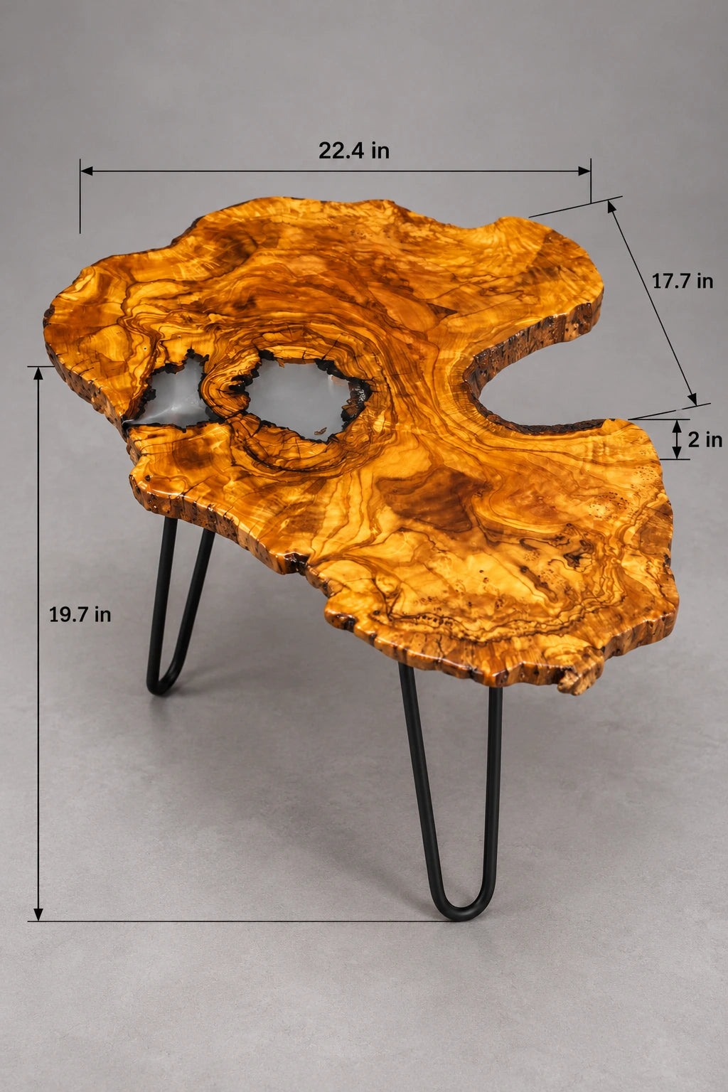 AI-styled view of Zitun Atelier table 095, an olive wood resin side table with white resin inlay, on a light background with measurement annotations.