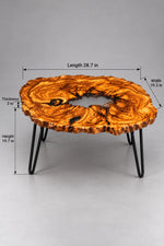 AI-styled view of Zitun Atelier table 096, an olive wood resin small coffee table with white resin river, on a light background with measurement annotations.