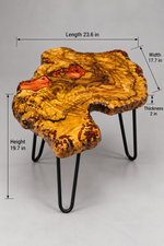 AI-styled view of Zitun Atelier table 098, an olive wood resin side table with copper resin burl, on a light background with measurement annotations.