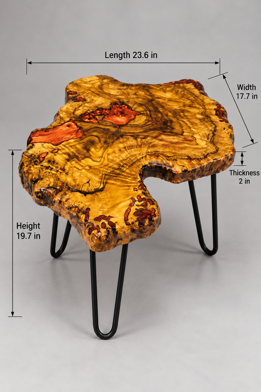 AI-styled view of Zitun Atelier table 098, an olive wood resin side table with copper resin burl, on a light background with measurement annotations.