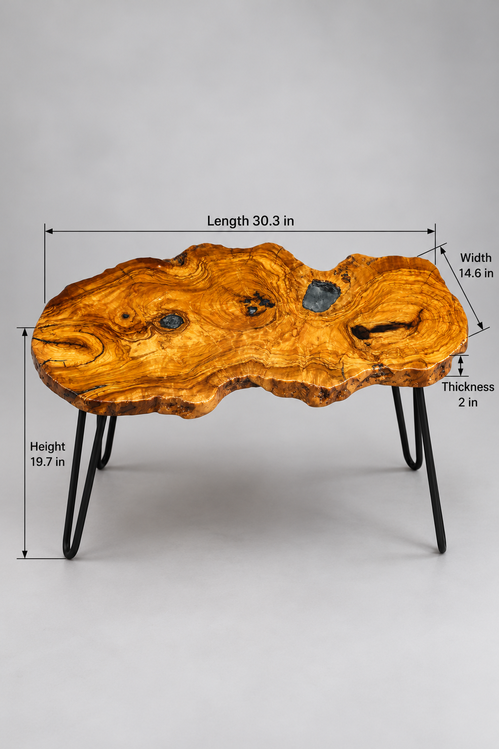 AI-styled view of Zitun Atelier table 099, an olive wood resin small coffee table with black resin knots, on a light background with measurement annotations.